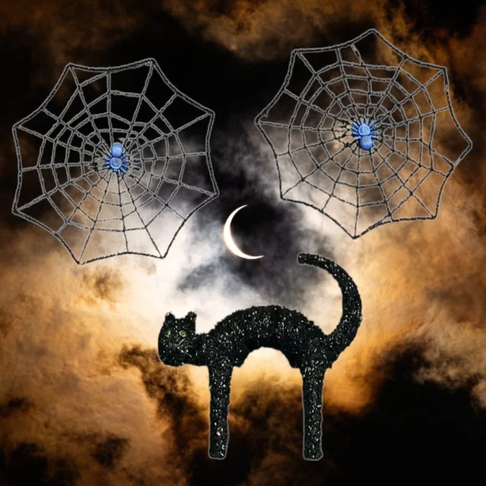 Vintage Halloween Holiday Tinsel Wire Standing Arching Black Cat and SpiderWebs